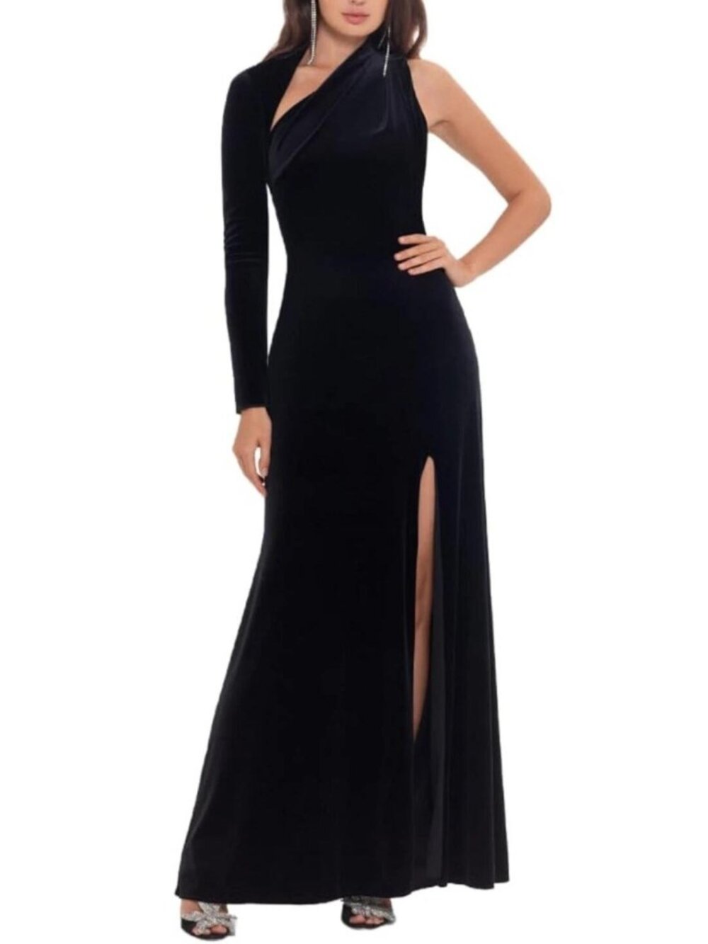 Betsy & Adam black velvet asymmetrical single sleeve maxi dress w/slit formal 6